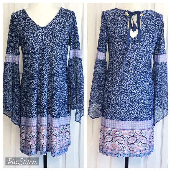 MSK Navy Print V-Neck Statement Sleeve Tie Back Mini Dress Medium - Picture 1 of 16